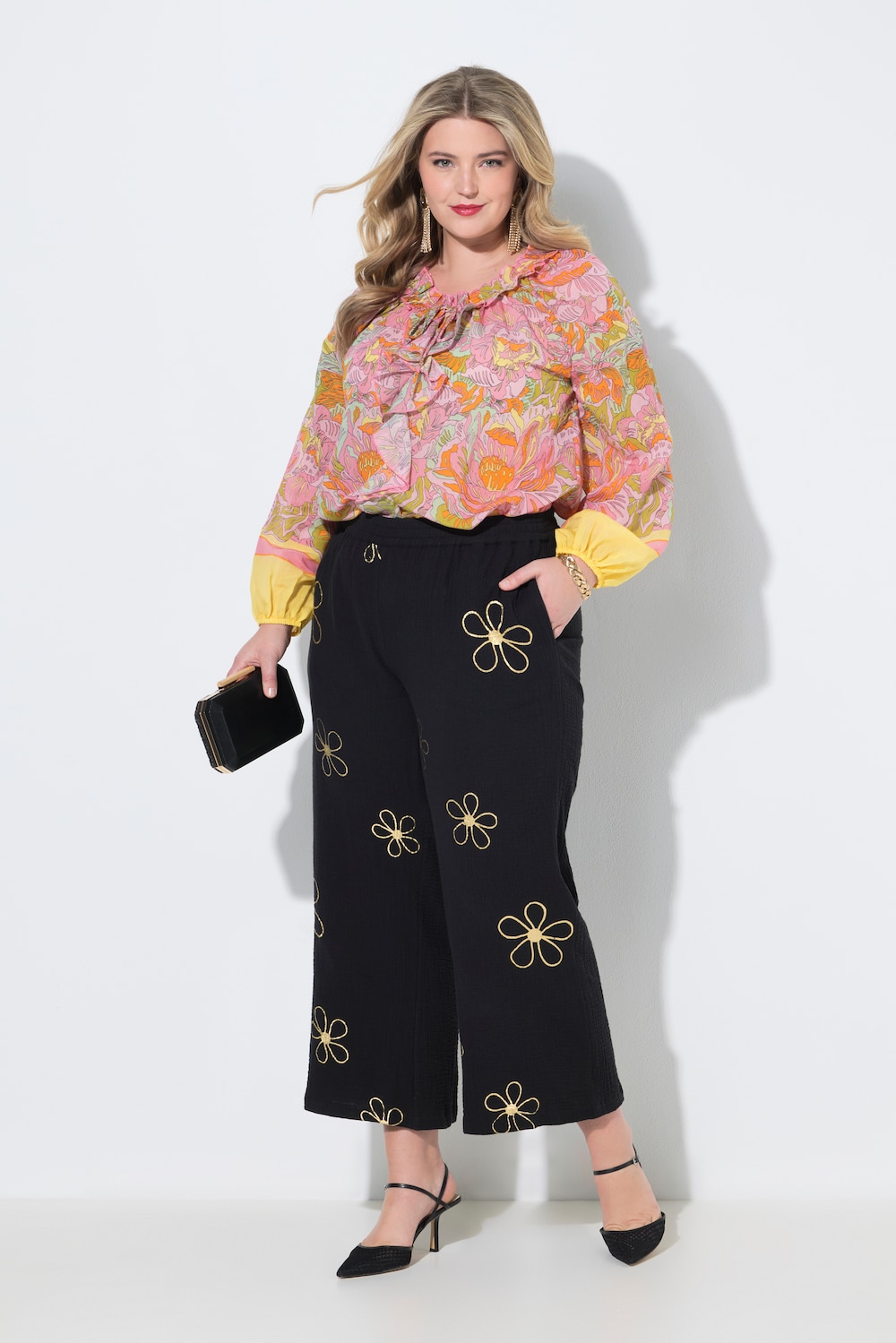 Culotte, weites, gerades Bein, Musselin, Silber-Blüten