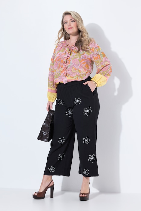 Culotte, wijde rechte pijp, mousseline, zilverkleurige bloemen