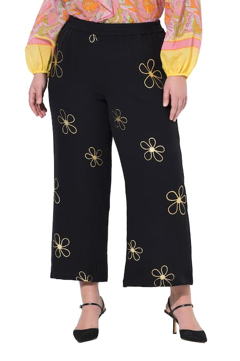 Kalhoty Culottes, široký rovný střih, mušelín, stříbrné květy