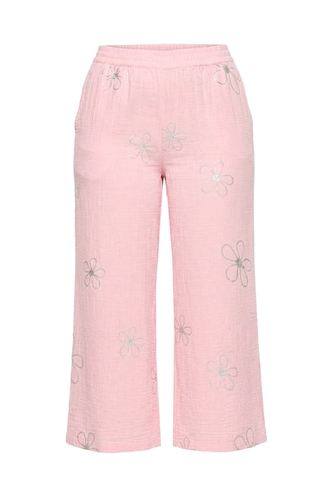 Kalhoty Culottes, široký rovný střih, mušelín, stříbrné květy
