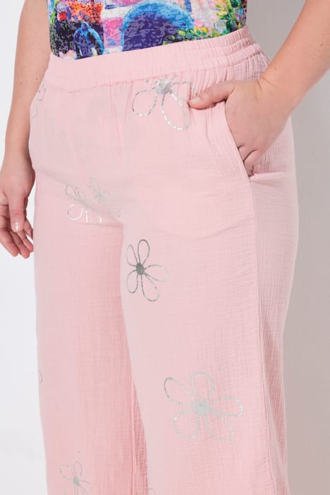 Culotte, wijde rechte pijp, mousseline, zilverkleurige bloemen