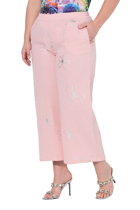 Kalhoty Culottes, široký rovný střih, mušelín, stříbrné květy