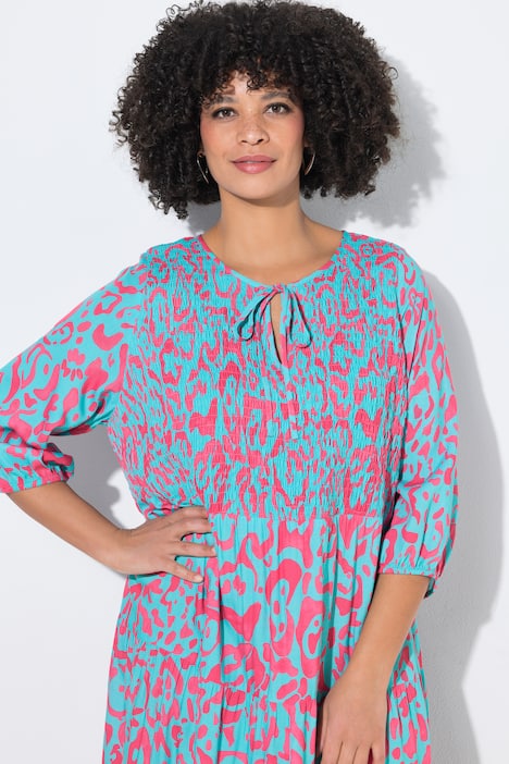 Colorful Allover Print Smocked Bodice Dress