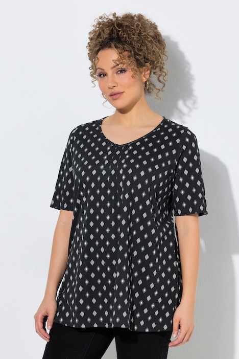 T-shirt, decoratieve plooien, A-lijn, V-hals, korte mouw
