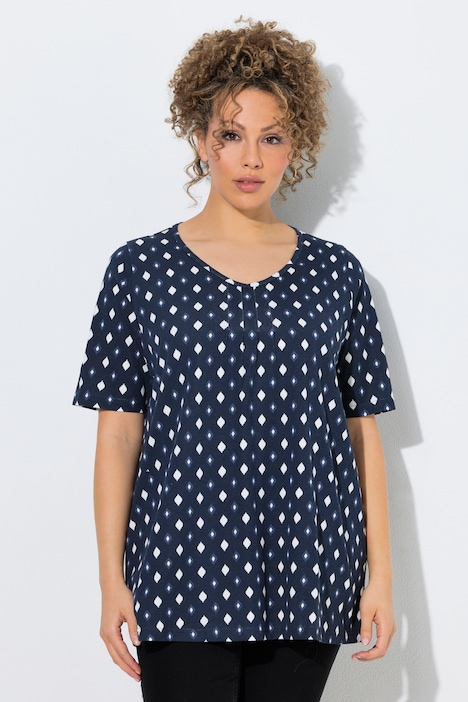 T-shirt, decoratieve plooien, A-lijn, V-hals, korte mouw