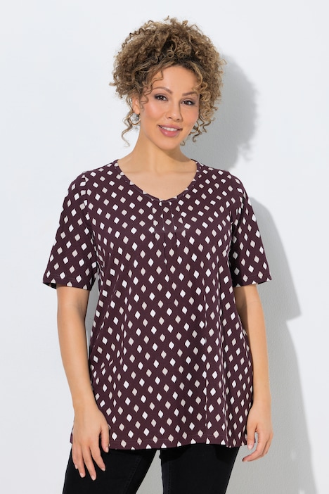 T-shirt, decoratieve plooien, A-lijn, V-hals, korte mouw