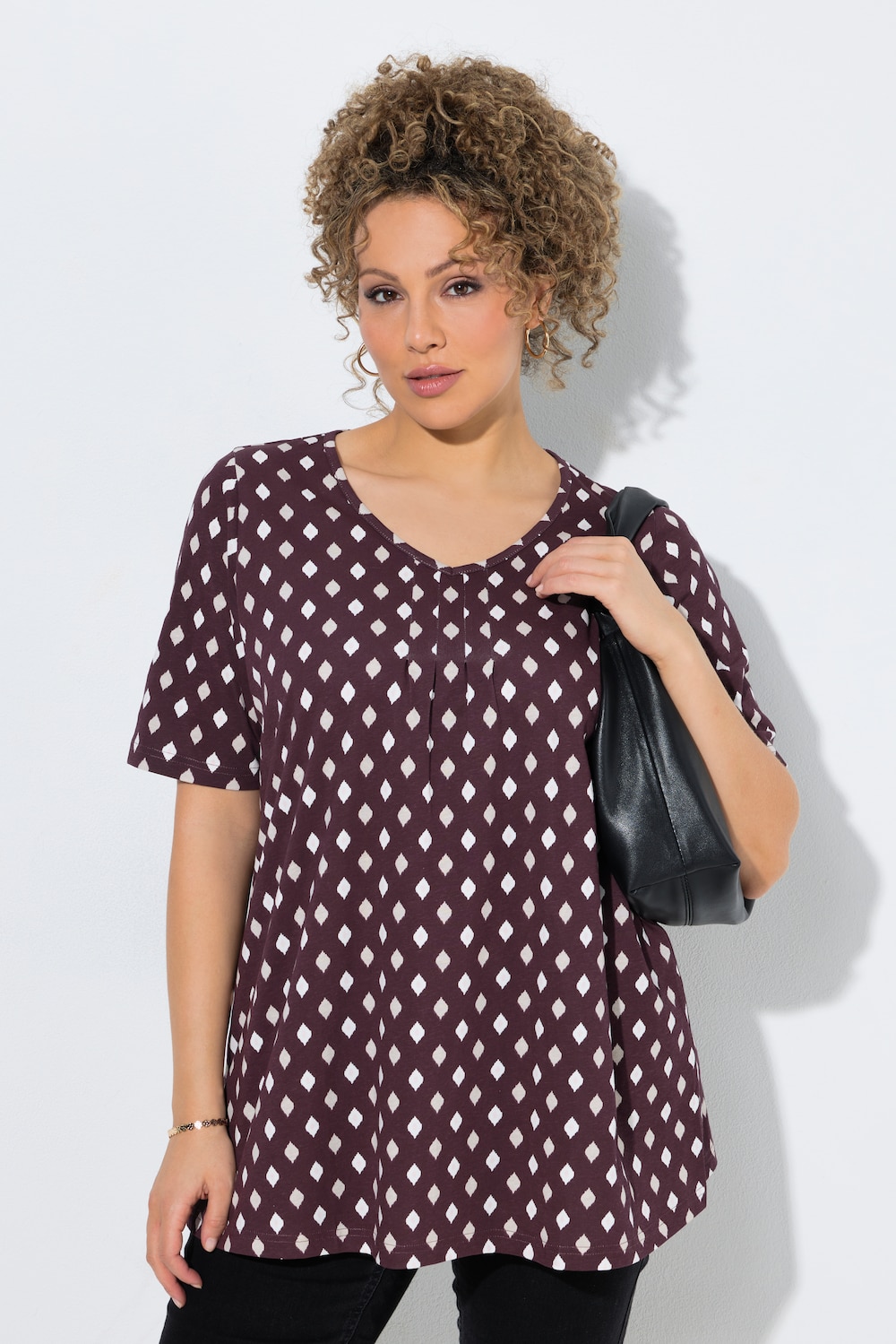 T-shirt, decoratieve plooien, A-lijn, V-hals, korte mouw