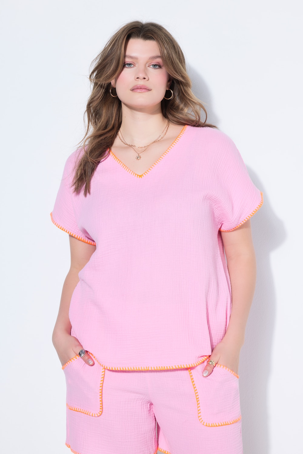 Blusenshirt, oversized, Musselin, Color-Einfassungen