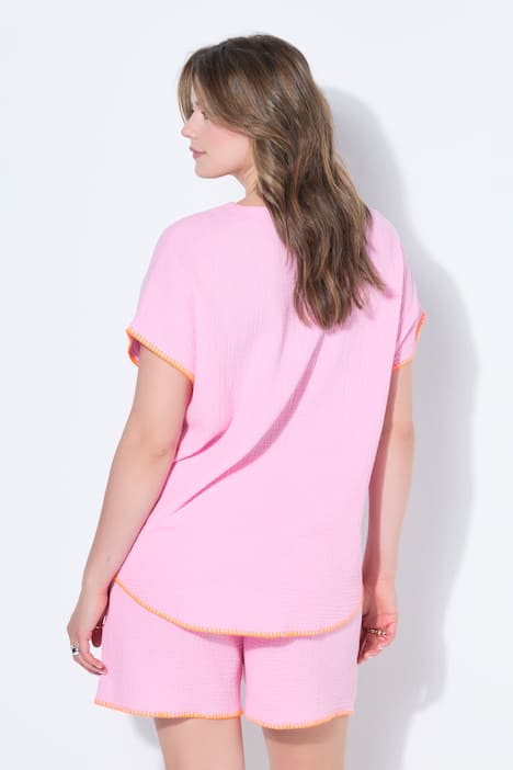 Blusenshirt, oversized, Musselin, Color-Einfassungen