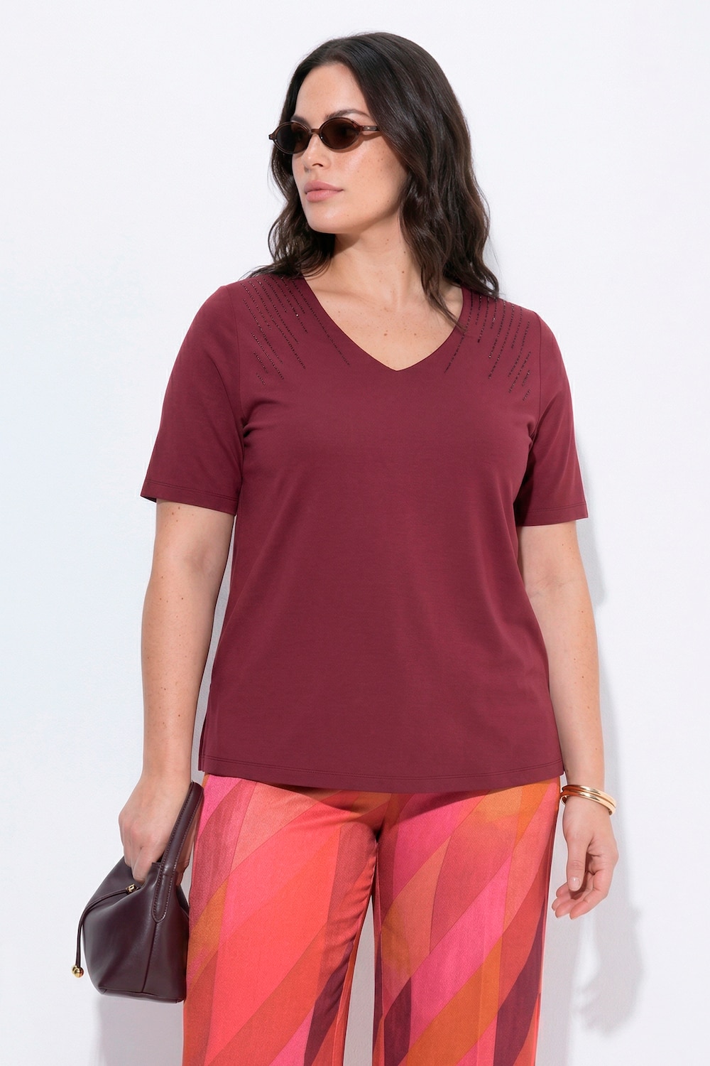 T-Shirt, Ziersteine, Classic, V-Ausschnitt, Halbarm