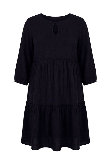 Mušelínové šaty, áčkový střih, příčné volánky, 3/4 balónové rukávy