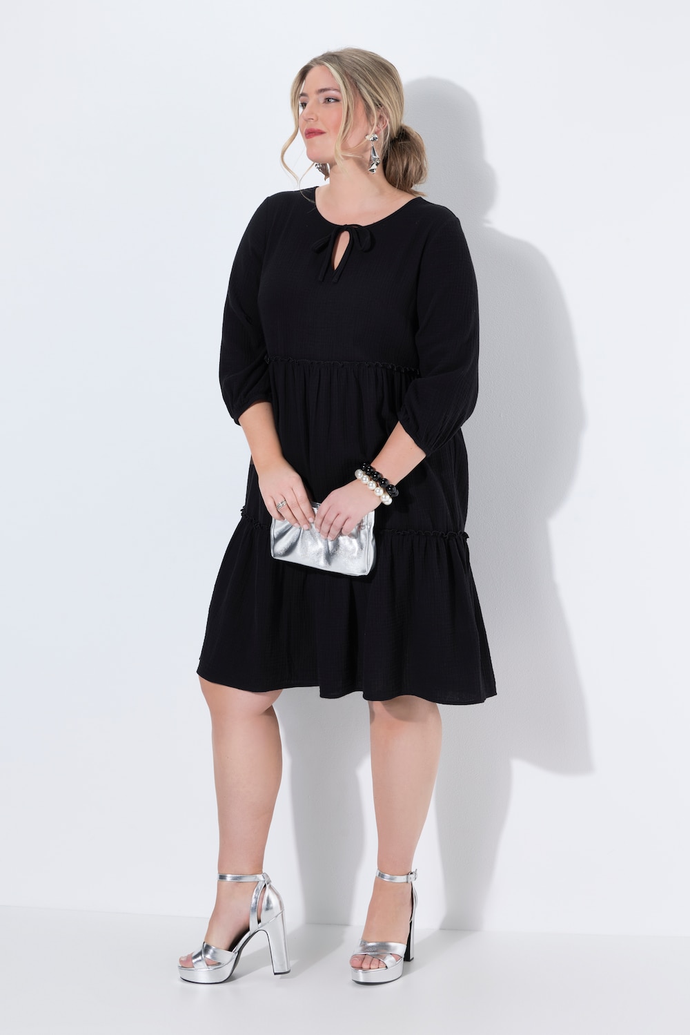 Musselinkleid, A-Linie, Querrüschen, 3/4-Ballonärmel