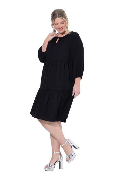 Mušelínové šaty, áčkový střih, příčné volánky, 3/4 balónové rukávy