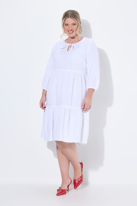 Musselinkleid, A-Linie, Querrüschen, 3/4-Ballonärmel
