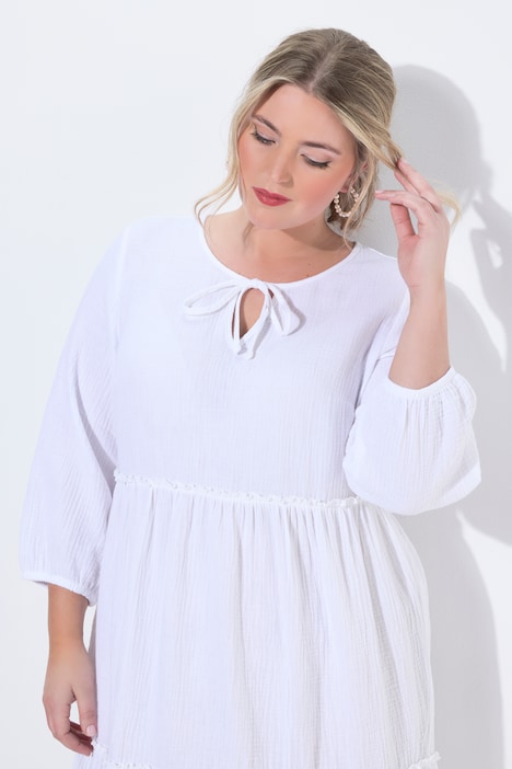 Musselinkleid, A-Linie, Querrüschen, 3/4-Ballonärmel
