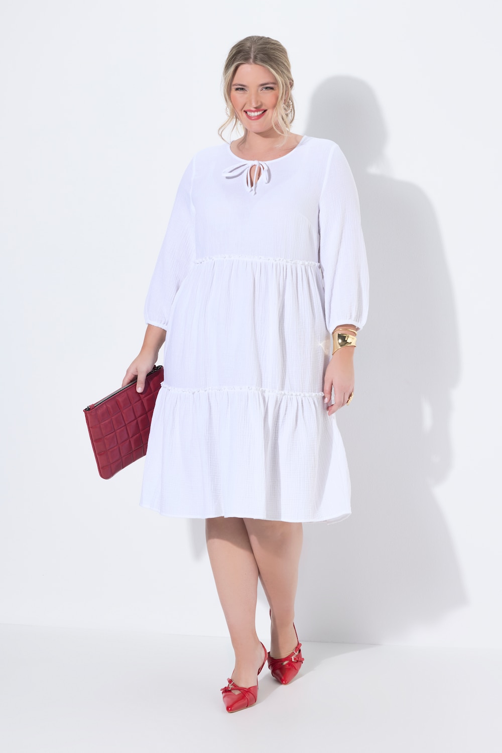 Musselinkleid, A-Linie, Querrüschen, 3/4-Ballonärmel