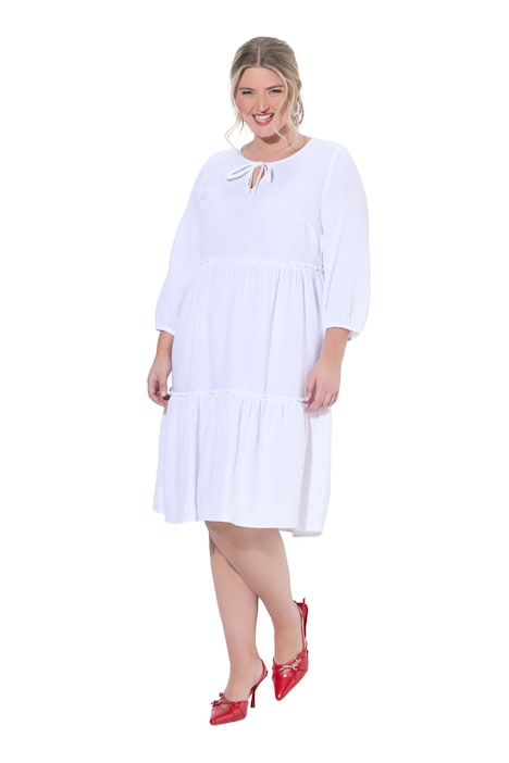 Mušelínové šaty, áčkový střih, příčné volánky, 3/4 balónové rukávy