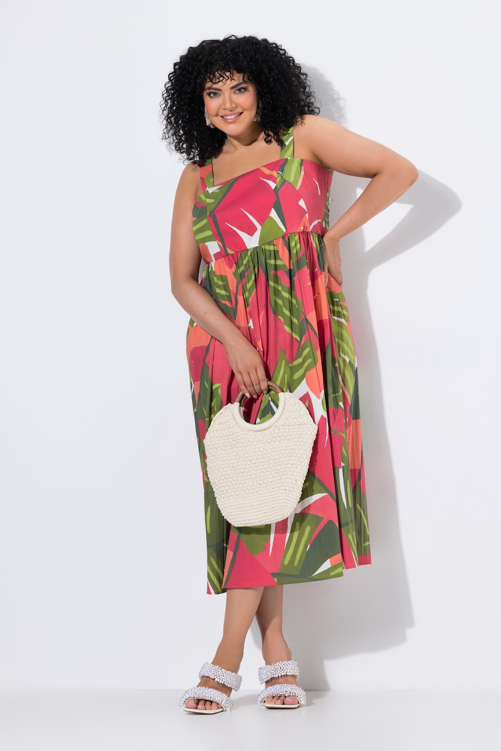 Maxi-jurk, palmbomen, gesmokte rug, mouwloos