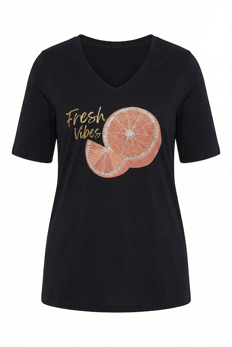 Tričko, áčkový střih, detail aplikace s pomeranči