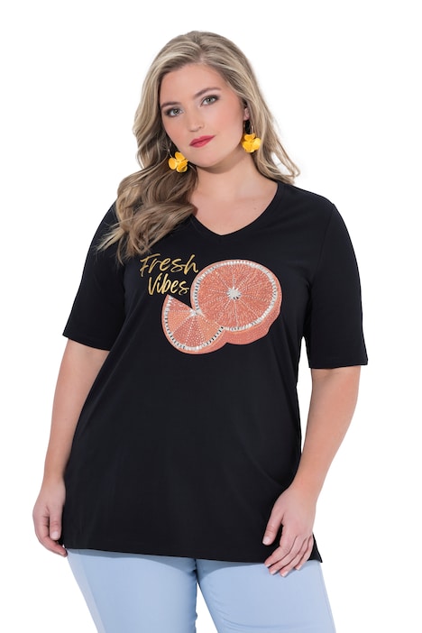 Tričko, áčkový střih, detail aplikace s pomeranči