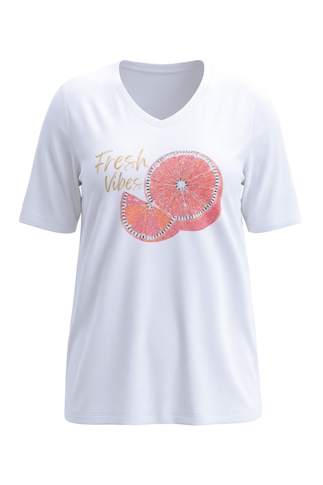 Tričko, áčkový střih, detail aplikace s pomeranči