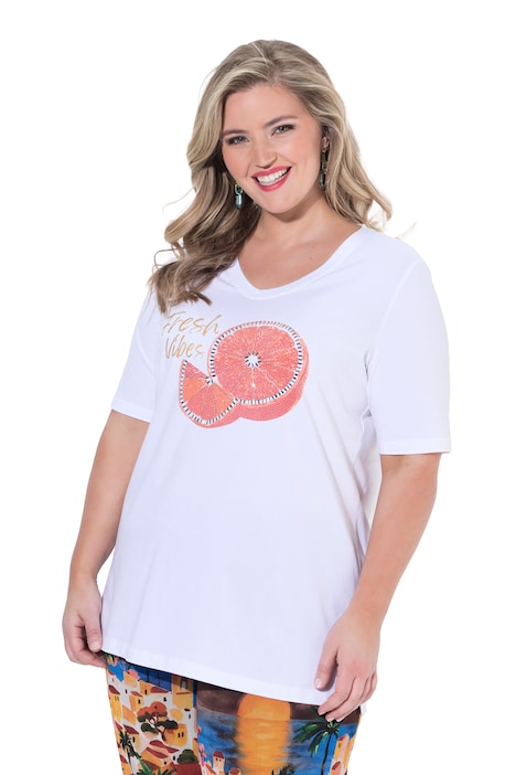 Tričko, áčkový střih, detail aplikace s pomeranči