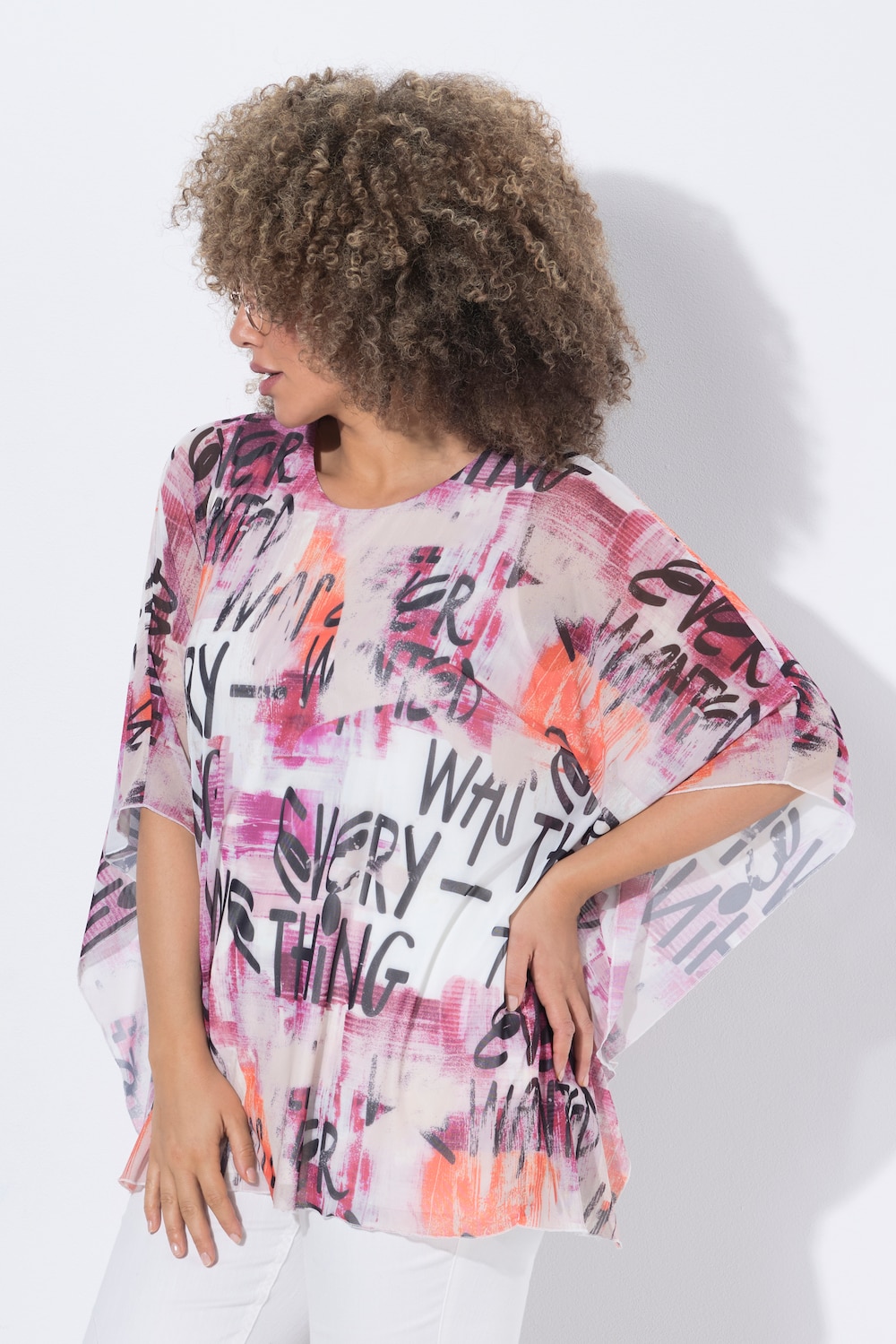 Meshbluse i dobbeltlag, oversize med rund hals og korte ærmer