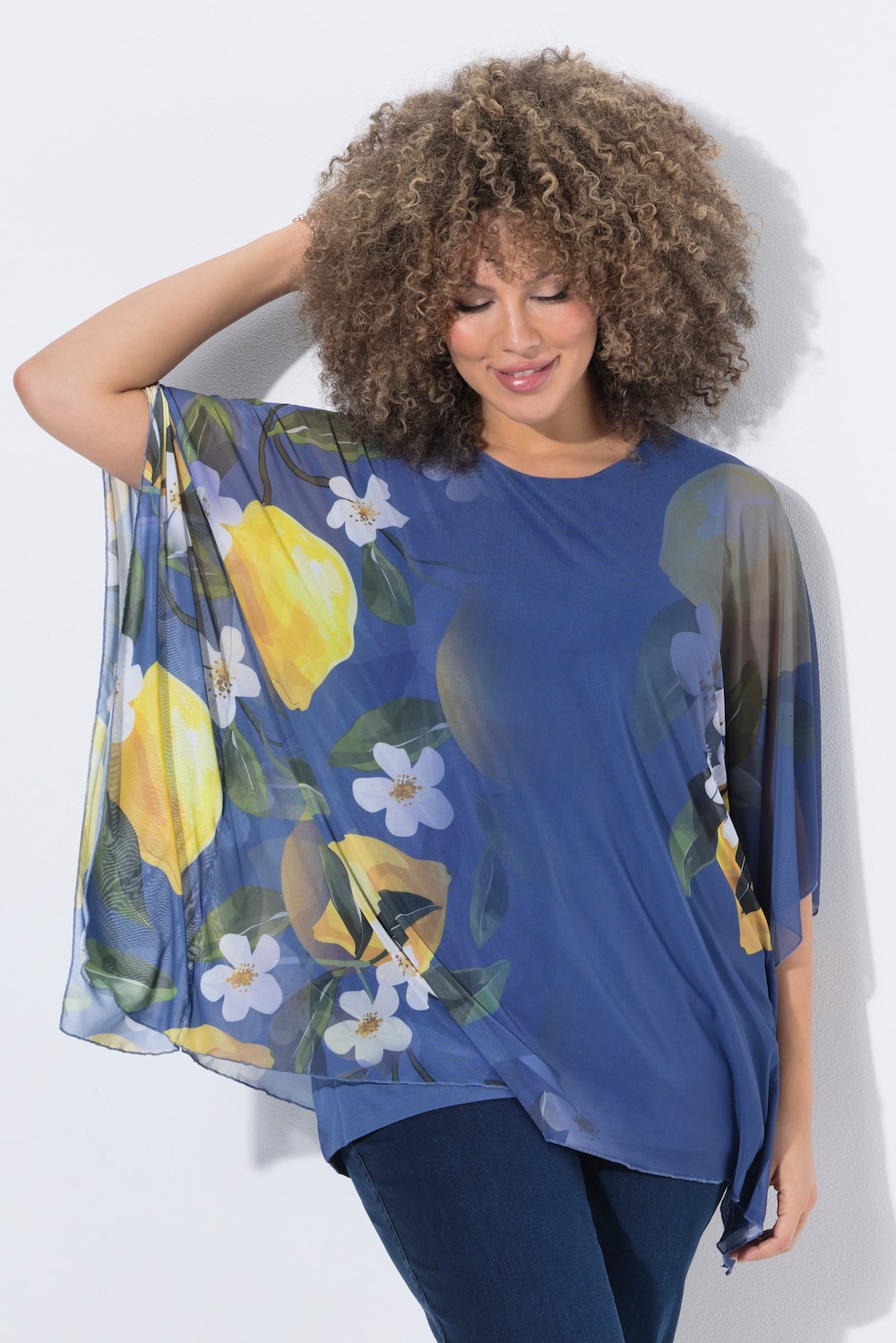 Mesh-blouse, dubbelgelaagd, oversized, ronde hals, korte mouwen