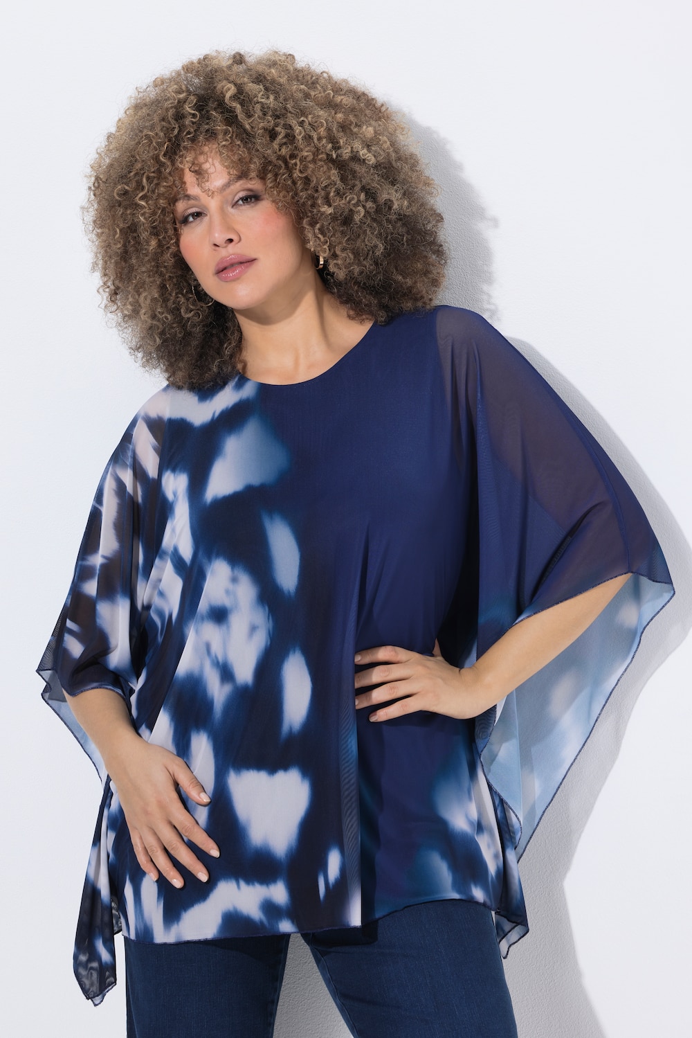 Mesh-blouse, dubbelgelaagd, oversized, ronde hals, korte mouwen