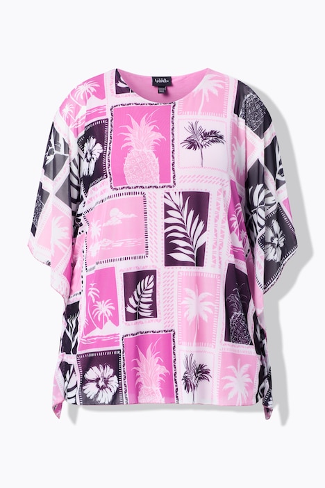 Mesh-Bluse, doppellagig, Oversized, Rundhals, Halbarm