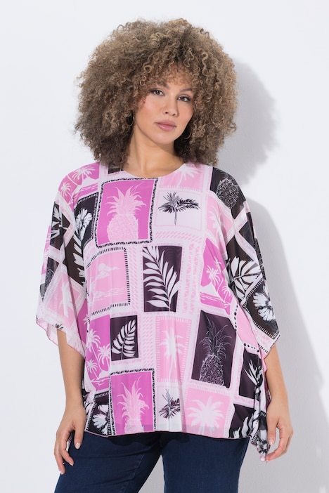 Mesh-Bluse, doppellagig, Oversized, Rundhals, Halbarm