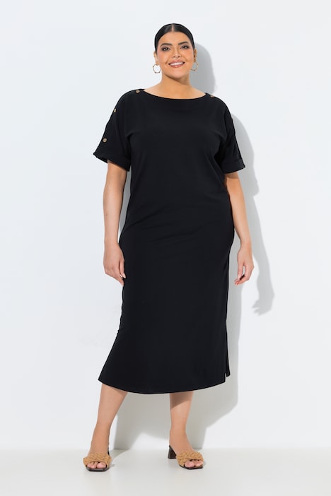 Midi-jurk, sierknopen, oversized, ronde hals, korte mouw