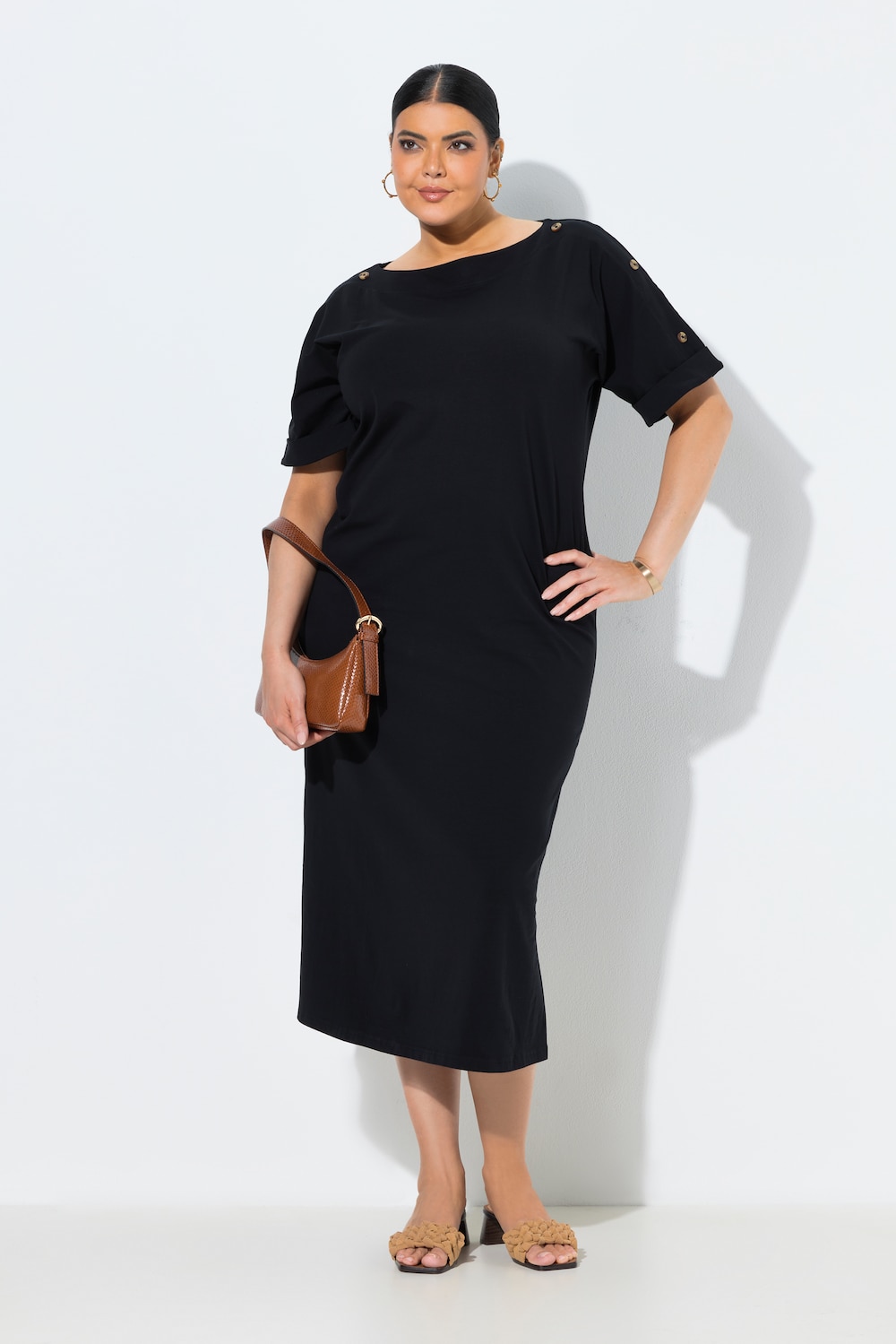 Midi-jurk, sierknopen, oversized, ronde hals, korte mouw