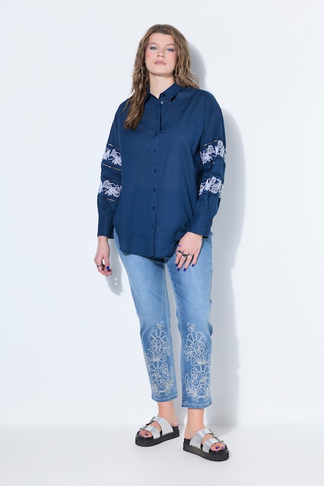 Hemdbluse, oversized, Spitze am Langarm
