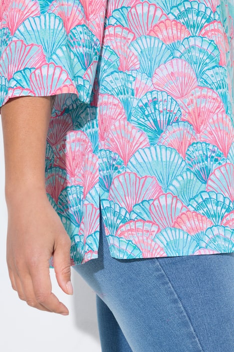 Bluse, A-Linie, Muschel-Muster, 3/4-Ärmel