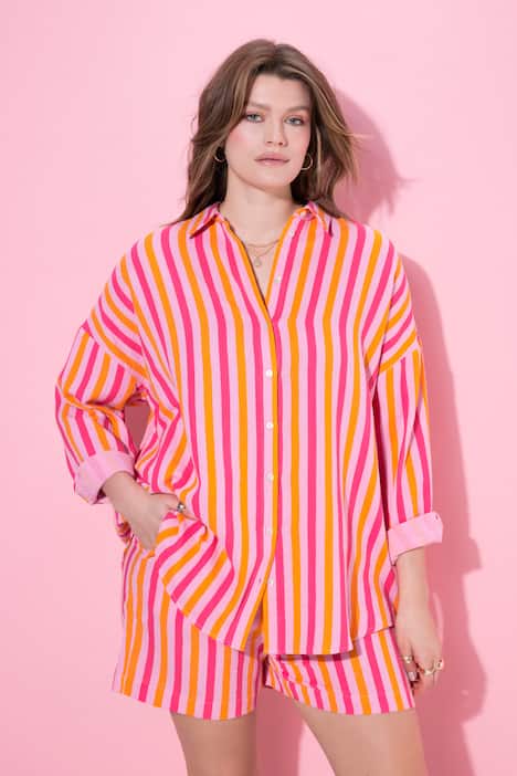 Musselin Bluse, oversized, Neon Stripes, Langarm