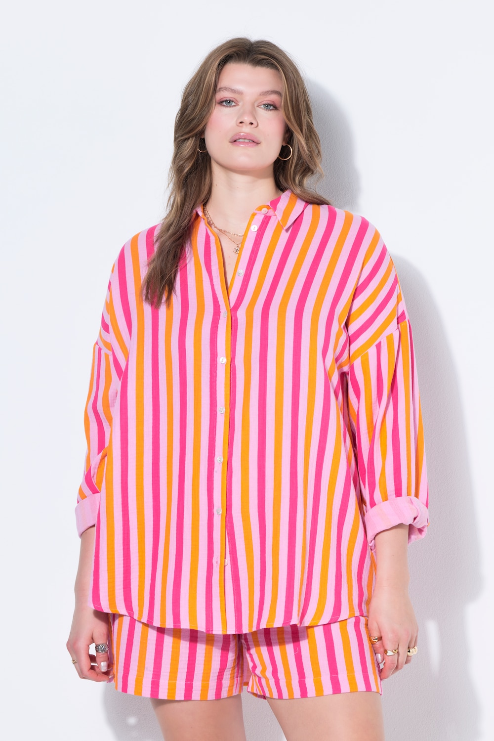 Musselin Bluse, oversized, Neon Stripes, Langarm