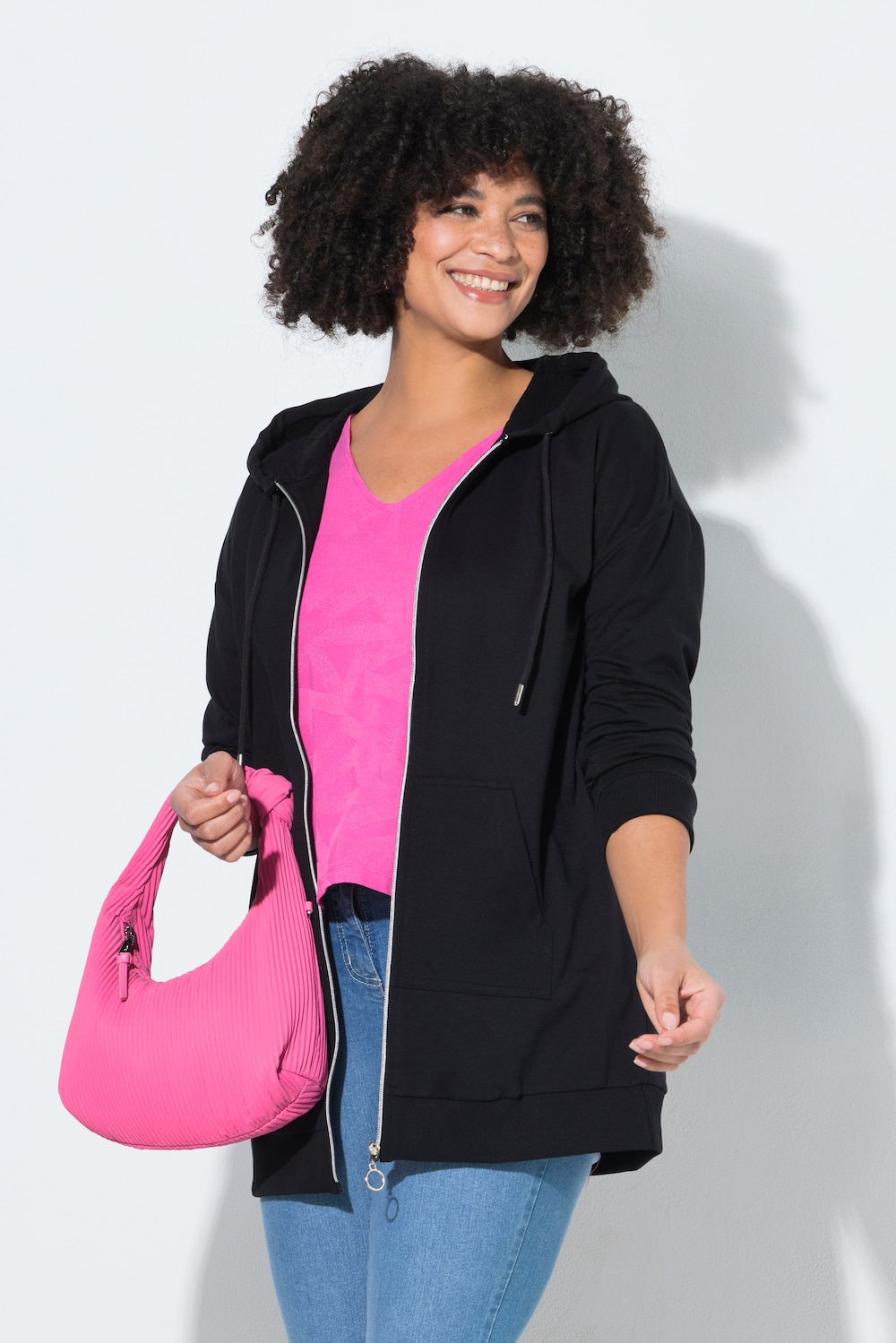 Sweatjacke, oversized, Kapuze, Zipper