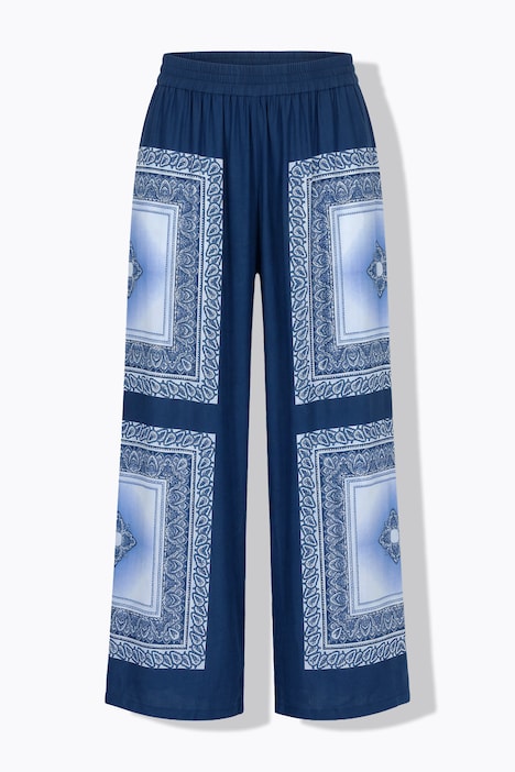 Pantaloni, gamba ampia, vita alta, stampa etnica stile foulard