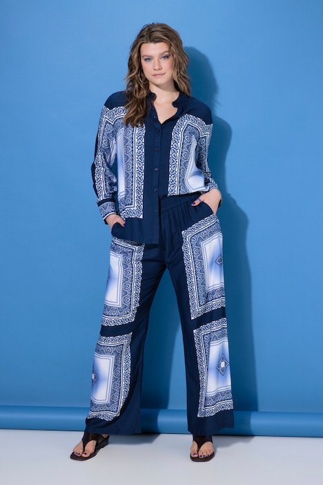 Pantaloni, gamba ampia, vita alta, stampa etnica stile foulard