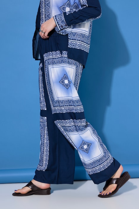 Pantaloni, gamba ampia, vita alta, stampa etnica stile foulard