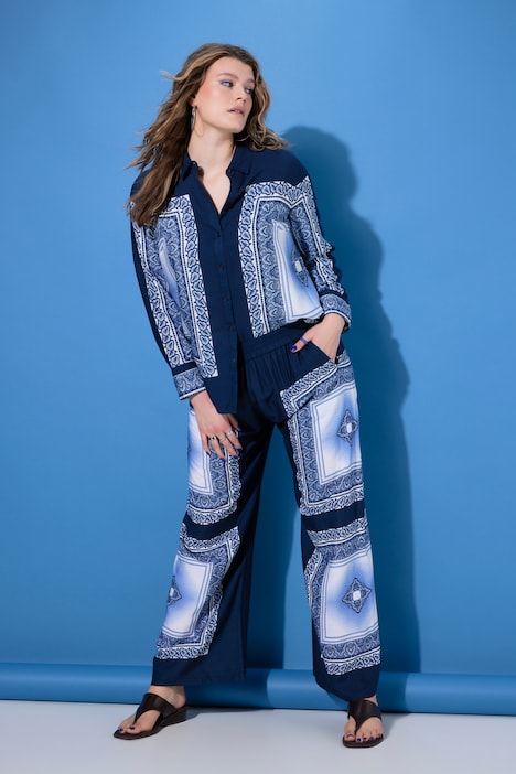 Pantaloni, gamba ampia, vita alta, stampa etnica stile foulard