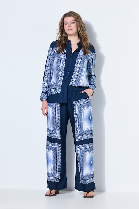 Pantaloni, gamba ampia, vita alta, stampa etnica stile foulard