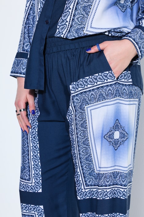 Pantaloni, gamba ampia, vita alta, stampa etnica stile foulard