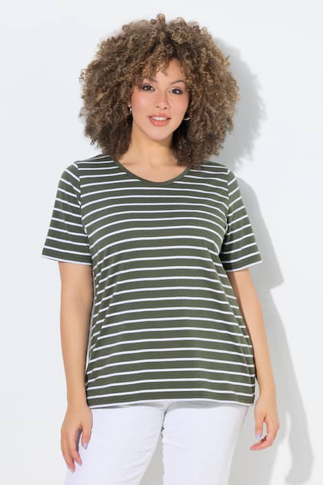 T-Shirts, 2er-Pack, uni/Streifen, V-Ausschnitt, Halbarm