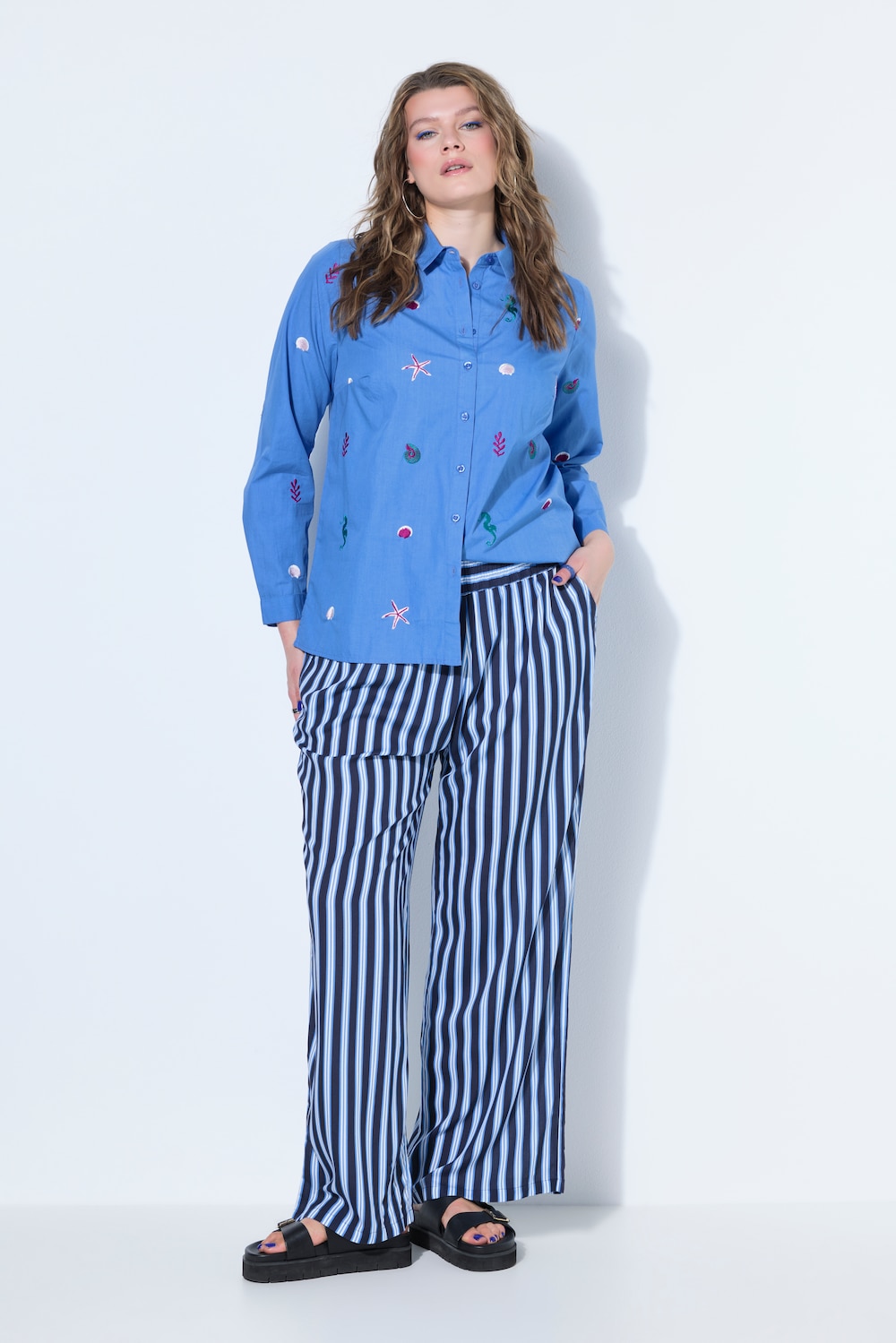 Broek, wijde pijpen, hoge taille, strepen