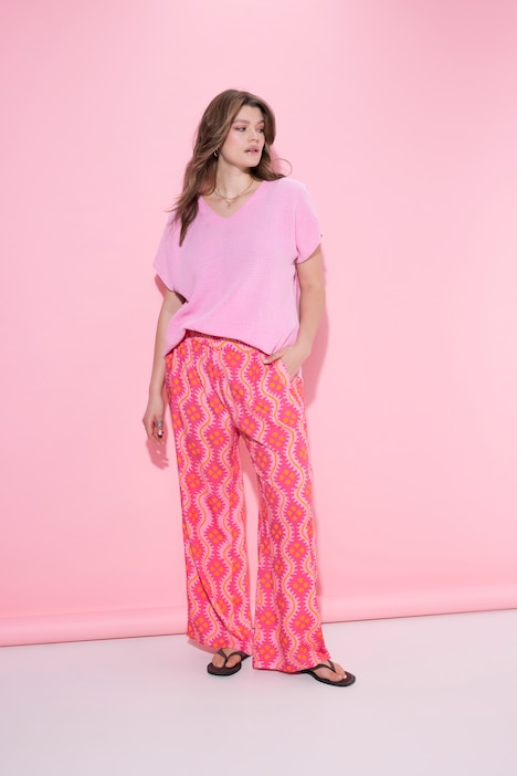 Široké kalhoty, vysoký pas, celoplošný potisk