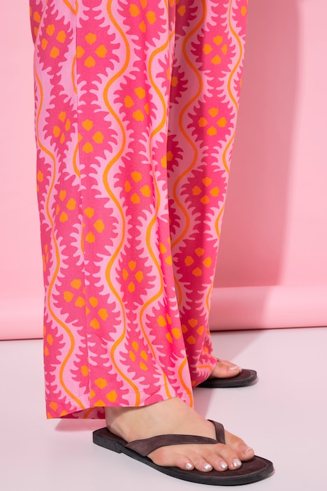 Široké kalhoty, vysoký pas, celoplošný potisk