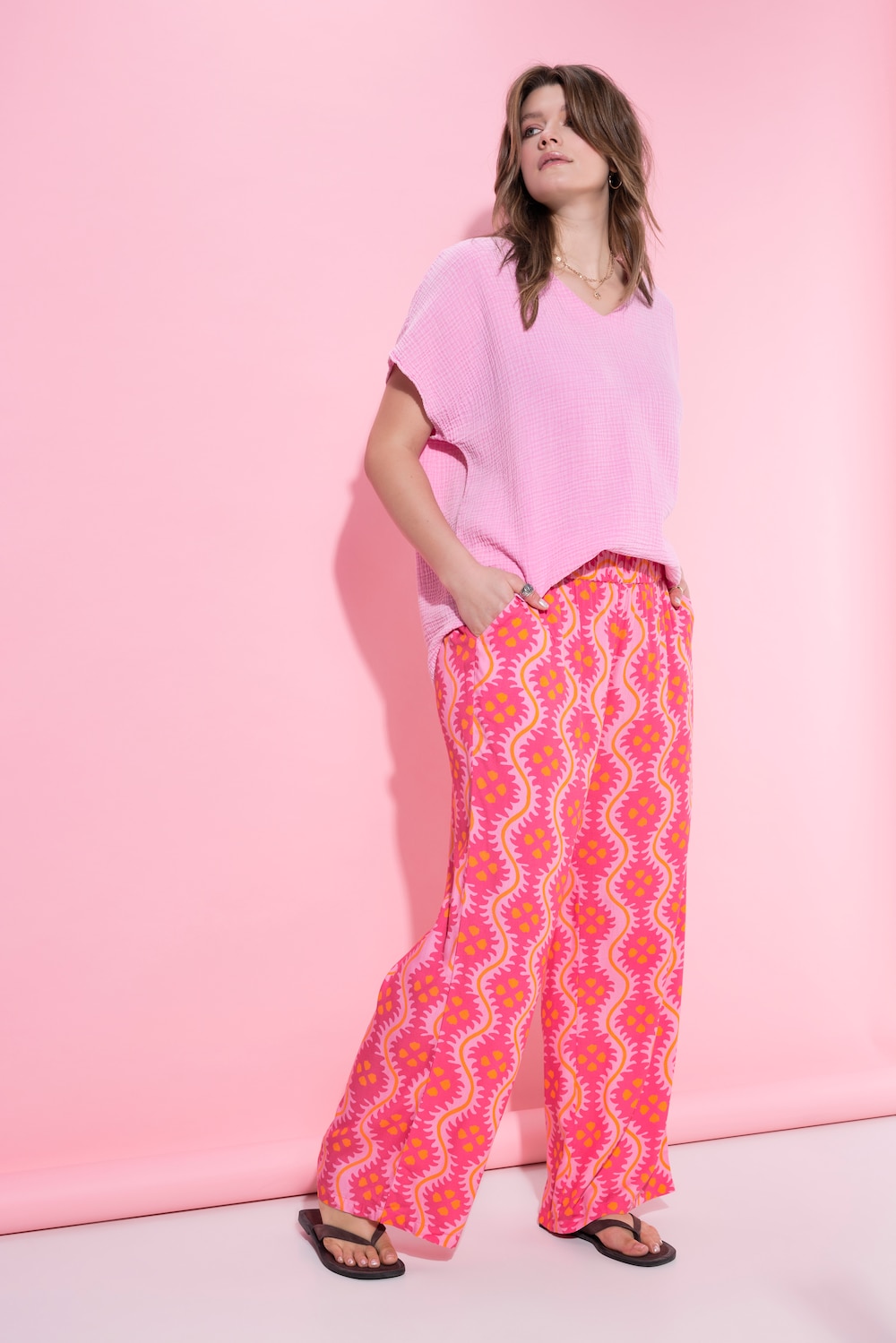 Broek, wijde pijpen, hoge taille, all-overprint