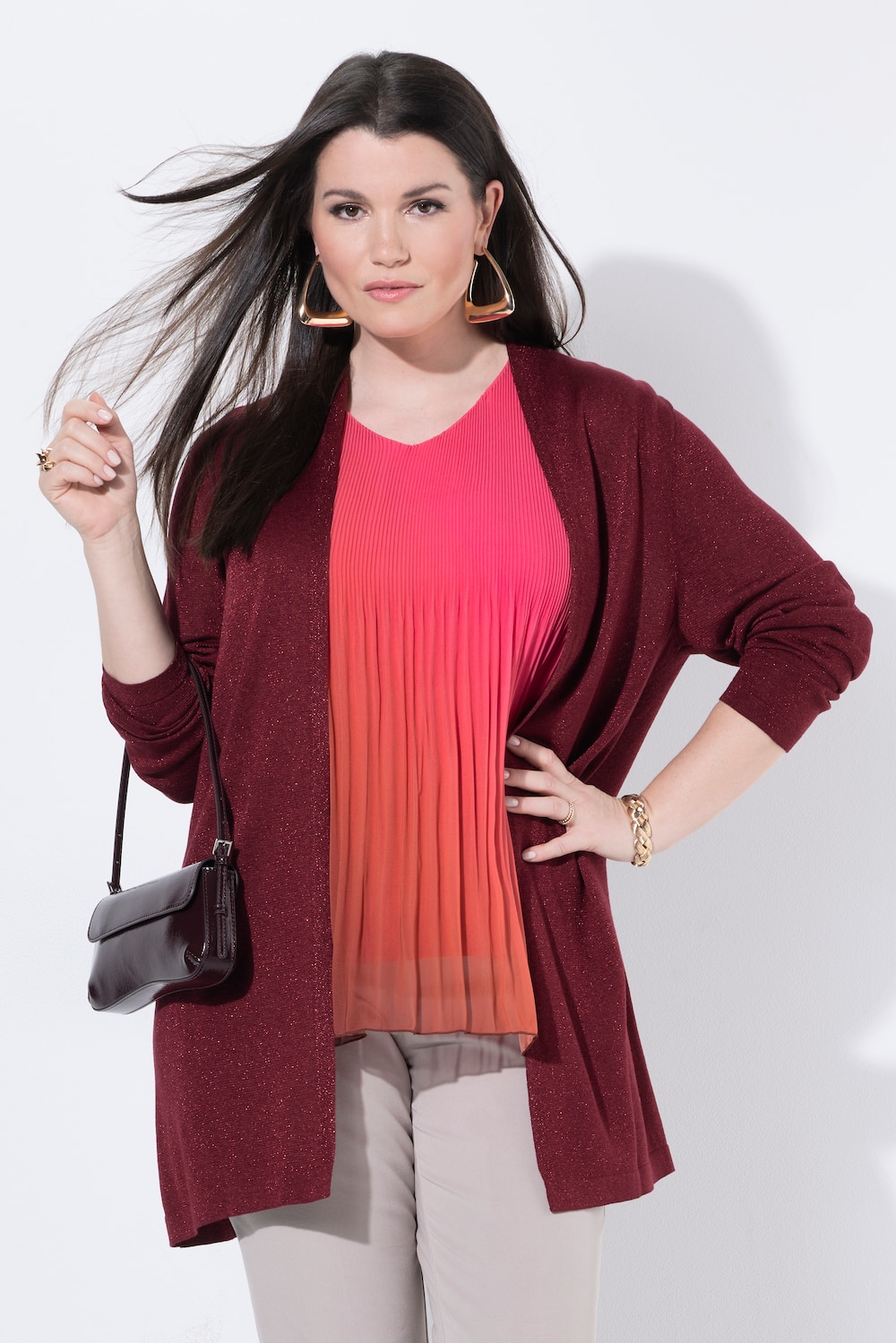 Long-Strickjacke, Glitzereffekt, Stehkragen, Langarm